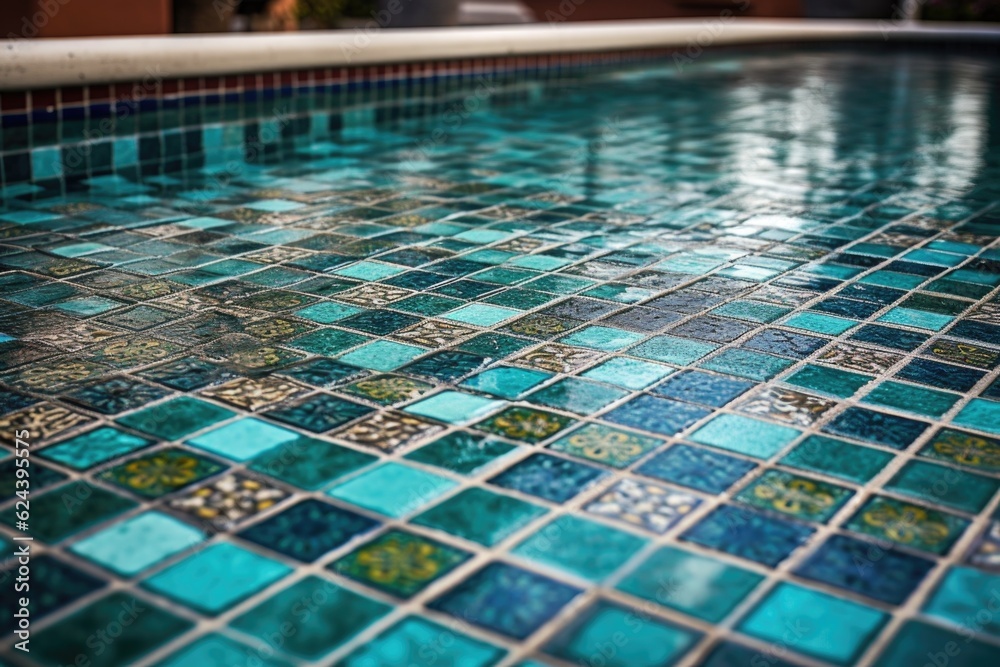 close-up of wet and sparkly poolside tile, created with generative ai