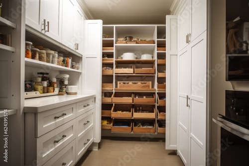 practical storage solutions for small spaces, such as a kitchen pantry or linen closet, created with generative ai photo