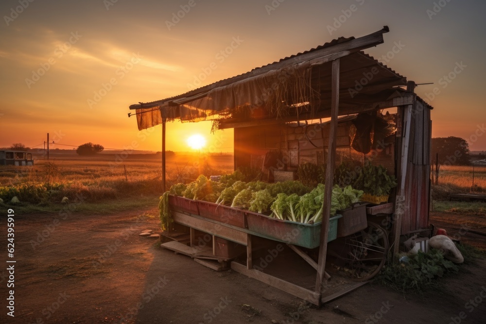 a vegetable stand at sunset, with the sun setting behind it, created with generative ai
