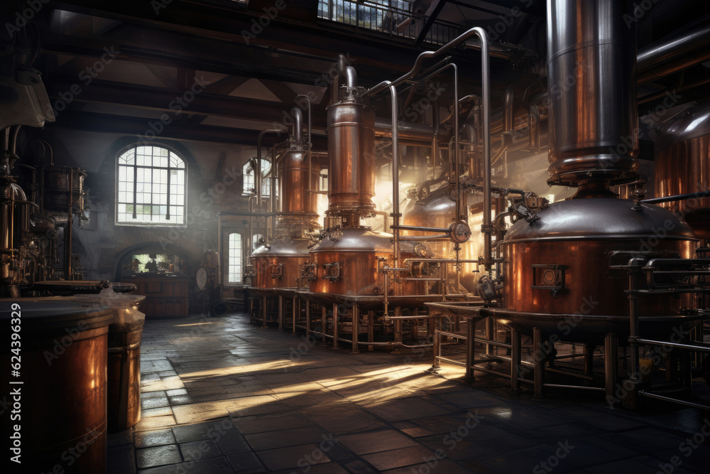 Brewery. Modern beer plant with brewering kettles, tubes and tanks made of stainless steel Brewery. Modern beer plant with brewering kettles, tubes and tanks made of stainless steel