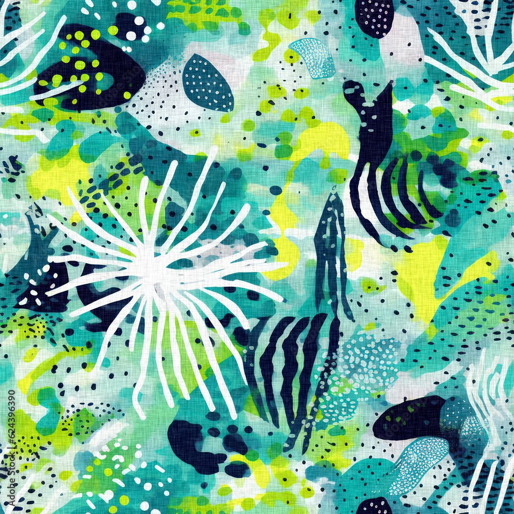 Tropical modern coastal pattern clash fabric coral reef print for summer beach textile designs with a linen cotton effect. Seamless trendy underwater kelp and seaweed repeat background