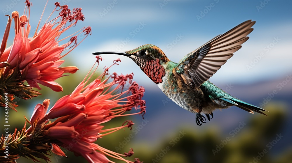 Fototapeta premium Beautiful colorful little Hummingbird flying AI generated image