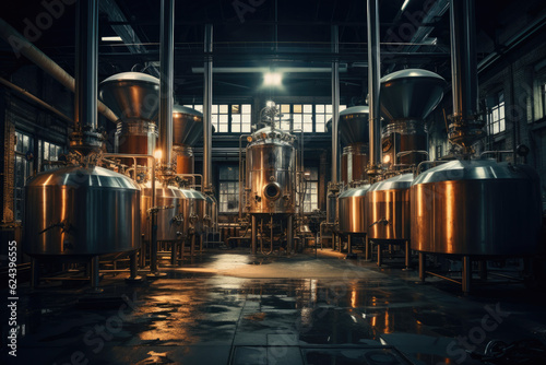 Brewery. Modern beer plant with brewering kettles, tubes and tanks made of stainless steel © Sasint