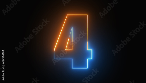 Neon number four, the best digital symbol, Alphabet made from Neon Light. Neon light pink and blue. 3d alphabet character, 3d rendering, number 4