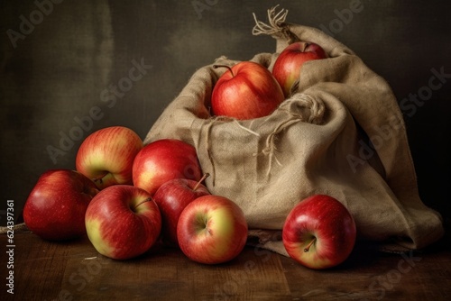 freshly picked apples spilling out of a burlap sack, created with generative ai