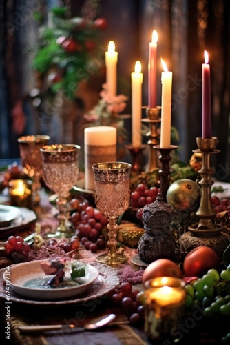 festive table setting with candles and holiday decor, created with generative ai