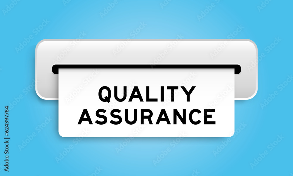 White coupon banner with word quality assurance from machine on blue color background White coupon banner with word quality assurance from machine on blue color background