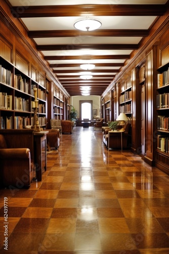 college library interior with bookshelves, created with generative ai