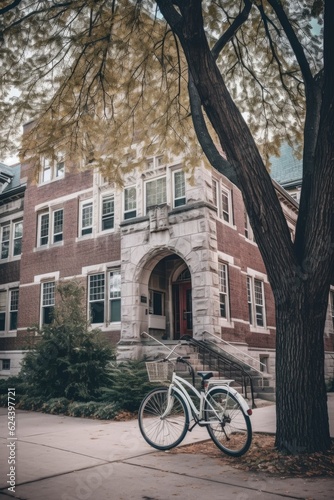 bicycle parked outside a college building, created with generative ai