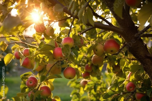 sunlit apples on tree branches ready for harvest, created with generative ai