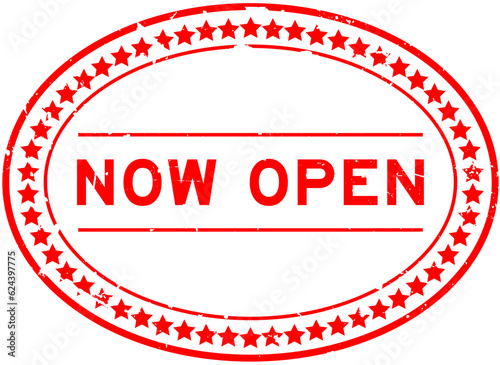 Grunge red now open word oval rubber seal stamp on white background
