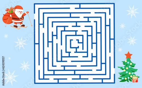 Maze game. Help Santa Claus leave the presents under the Christmas tree.  Children's educational games. Vector illustration for activity book.