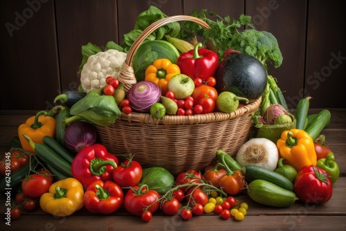 basket overflowing with fresh fruits and vegetables  including tomatoes  cucumbers  and berries  created with generative ai