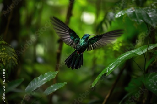 hummingbird flapping its wings, learning to fly in lush green forest, created with generative ai