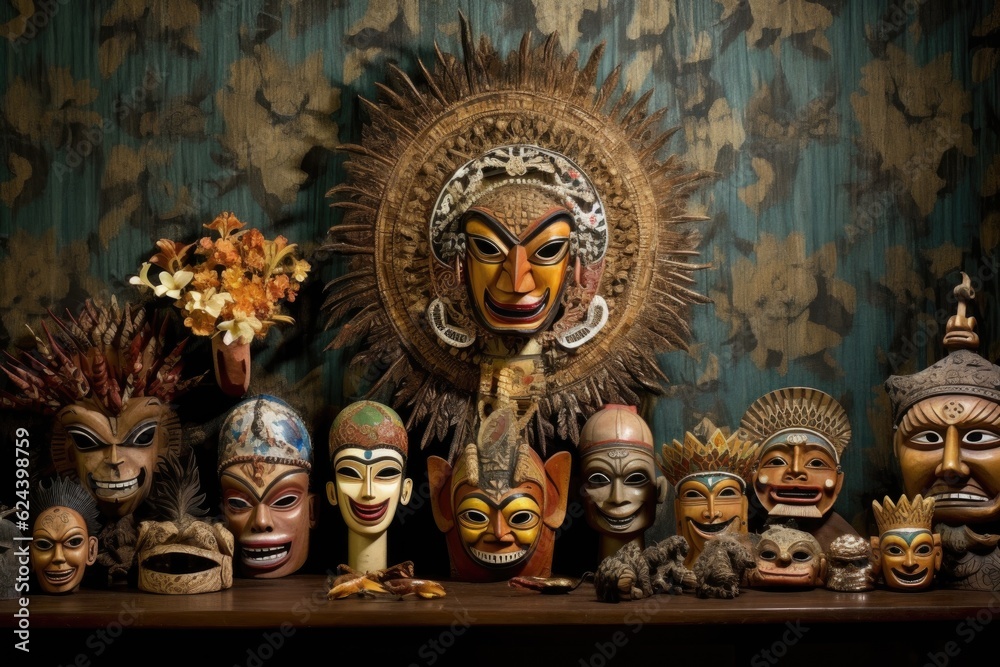 artistic arrangement of balinese masks outdoors, created with generative ai