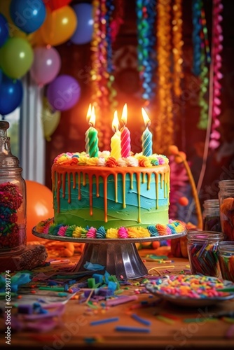 festive birthday cake with colorful candles on a table, created with generative ai