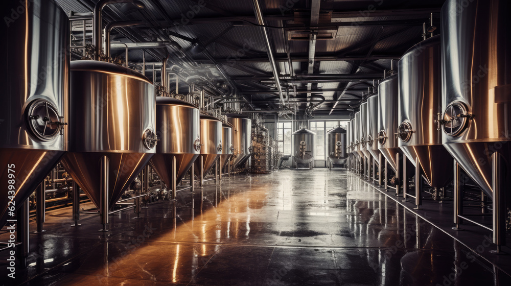 Fototapeta premium Brewery. Modern beer plant with brewering kettles, tubes and tanks made of stainless steel