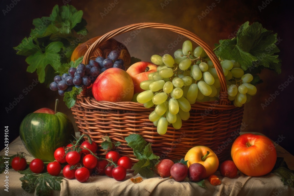 a basket of fresh fruit and vegetables, with a hand-painted background, created with generative ai a basket of fresh fruit and vegetables, with a hand-painted background, created with generative ai