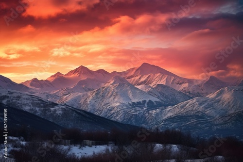 snow-capped mountain range with dramatic sunset in the background, created with generative ai