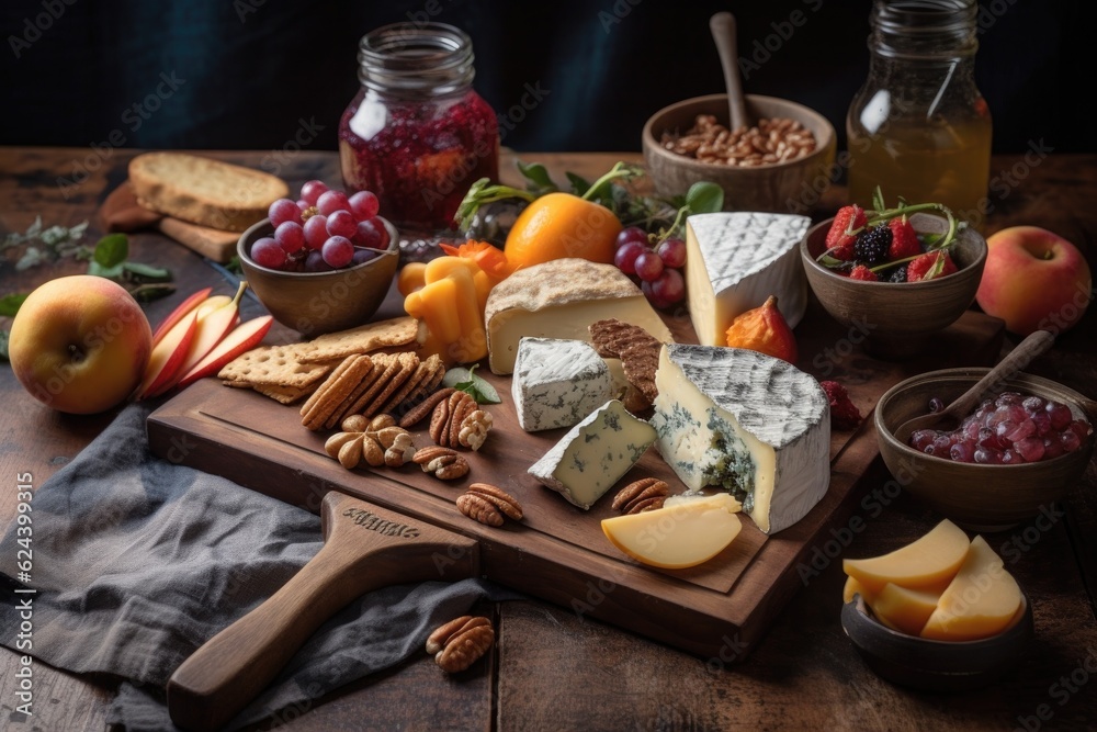 a rustic wooden tray with a variety of artisanal cheeses and fruit for an appetizing cheese plate, created with generative ai a rustic wooden tray with a variety of artisanal cheeses and fruit for an appetizing cheese plate, created with generative ai