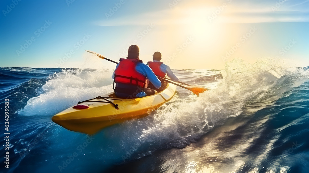 Rear view of man riding kayak at sea.