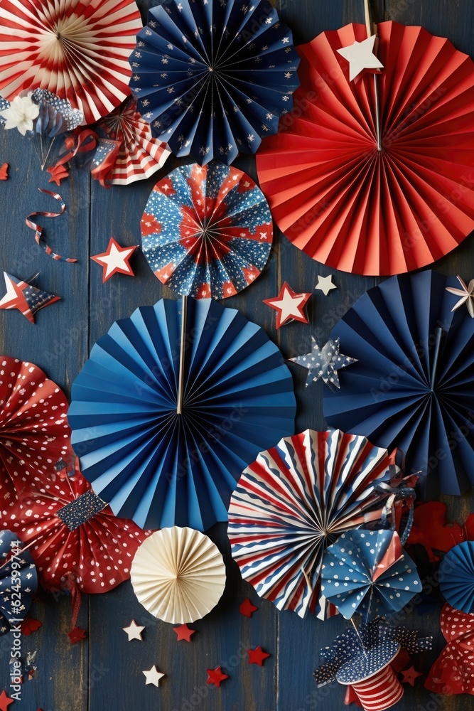 flatlay of 4th of july party decorations and supplies, created with generative ai