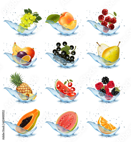 Fototapeta Naklejka Na Ścianę i Meble -  Set of fruits and berries in water splashes. Apricot, watermelon, cherry, raspberry, blackberry, pear, papaya, pineapple, strawberry, mango, grape in water splash and drops. Vector illustration.