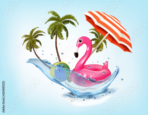 Summer vacation background. with Travel items, flamingo and palm trees on the water splash. Vector.
