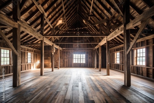 interior shot of restored barn showcasing wooden beams  created with generative ai