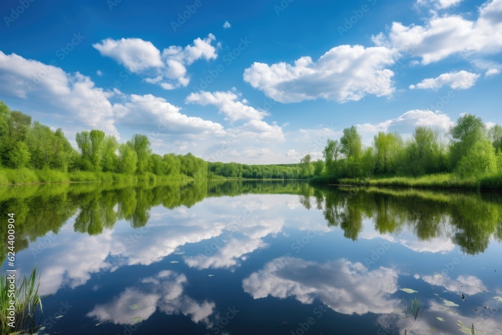 reflection of clear blue sky above the lake, with fluffy clouds and greenery in the background, created with generative ai reflection of clear blue sky above the lake, with fluffy clouds and greenery in the background, created with generative ai