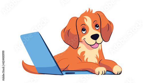 Dog with laptop. Cute funny puppy surf in internet. Happy doggy online at notebook computer. PC user. Canine animal, pup shopping. Flat vector illustration. Technology.
