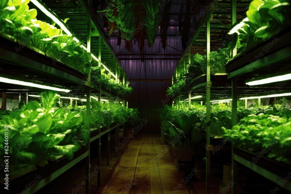 led lights illuminating rows of hydroponic plants, created with generative ai