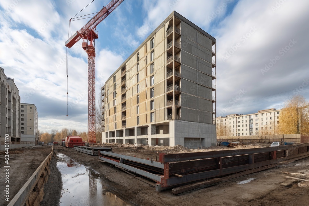 construction site with large crane lifting heavy materials, such as steel beams or concrete blocks, created with generative ai construction site with large crane lifting heavy materials, such as steel beams or concrete blocks, created with generative ai