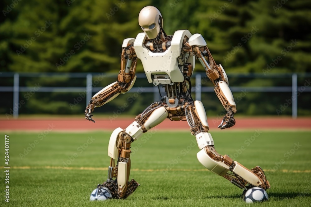 robotic leg kicking a soccer ball, created with generative ai robotic leg kicking a soccer ball, created with generative ai