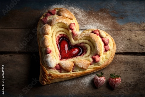 heart-shaped danish pastry with strawberry filling, surrounded by a heart, created with generative ai photo