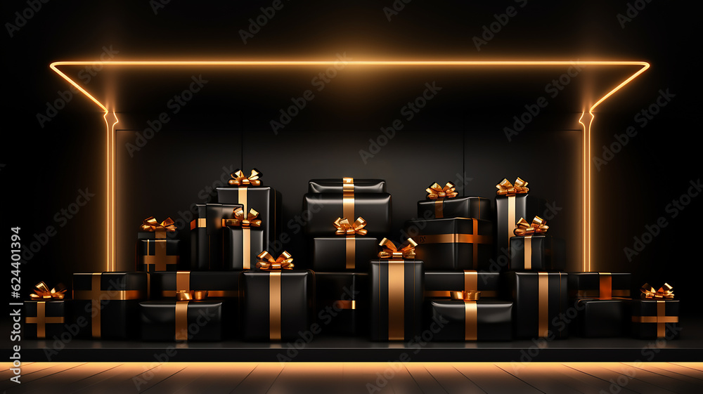 Black Friday Super Sale. Shelf and podium with realistic black gifts boxes with gold bows. Dark background, Neon frame, Blurry background, template, Bokeh, Copy Space, Generative AI Black Friday Super Sale. Shelf and podium with realistic black gifts boxes with gold bows. Dark background, Neon frame, Blurry background, template, Bokeh, Copy Space, Generative AI