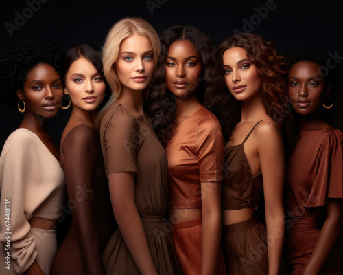 Beauty. Group Of Diversity Models Portrait. Multi-Ethnic Women With Different Skin Types Posing On Beige Background. Tender Multicultural Girls Standing Together And Looking At Camera