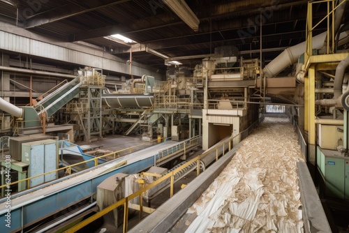 pulp and paper mill, with towering machines and conveyor belts that move raw materials through the plant, created with generative ai