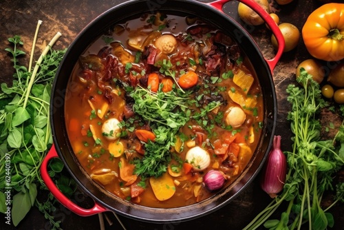 dutch oven filled with colorful stew ingredients, created with generative ai