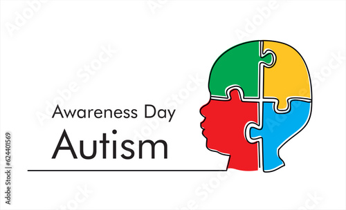 Continuous one line drawing of head of child and grup of puzzle. Autism awareness concept art. Accept autism and understand the challenges associated with it. 