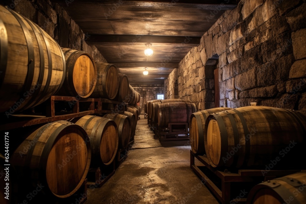 whiskey barrels aging in a dimly lit cellar, created with generative ai