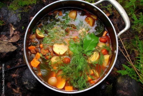 top view of a dutch oven stew with herbs, created with generative ai