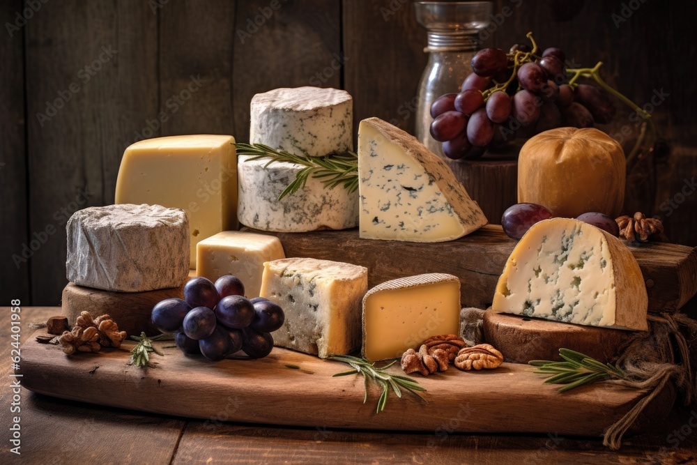 selection of aged cheeses on a rustic wooden board, created with generative ai selection of aged cheeses on a rustic wooden board, created with generative ai