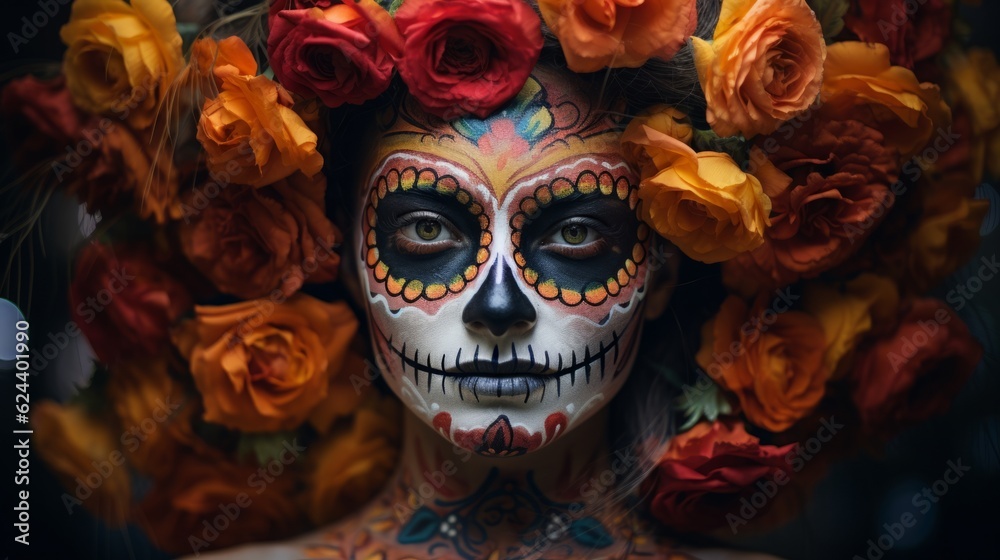 Photo of a woman with a painted face and flowers in her hair ready for day of the dead.generative ai