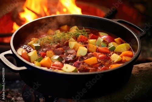 close-up of simmering dutch oven stew, created with generative ai