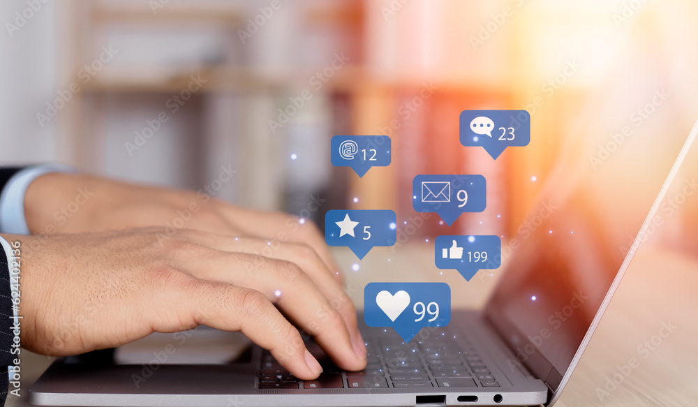 Businessman use laptop for marketing and advertising, social media, and social media concept.. Businessman use laptop for marketing and advertising, social media, and social media concept..