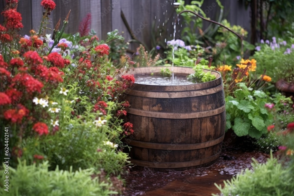 raindrops on an old barrel in a rustic garden, created with generative ai