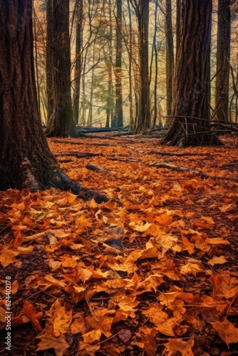 fallen leaves on a forest floor in autumn, created with generative ai