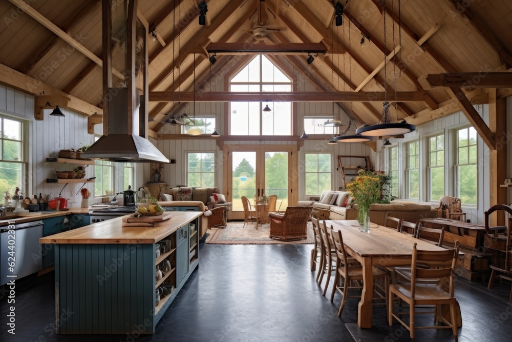 Fototapeta premium interior of restored barn with modern amenities, created with generative ai