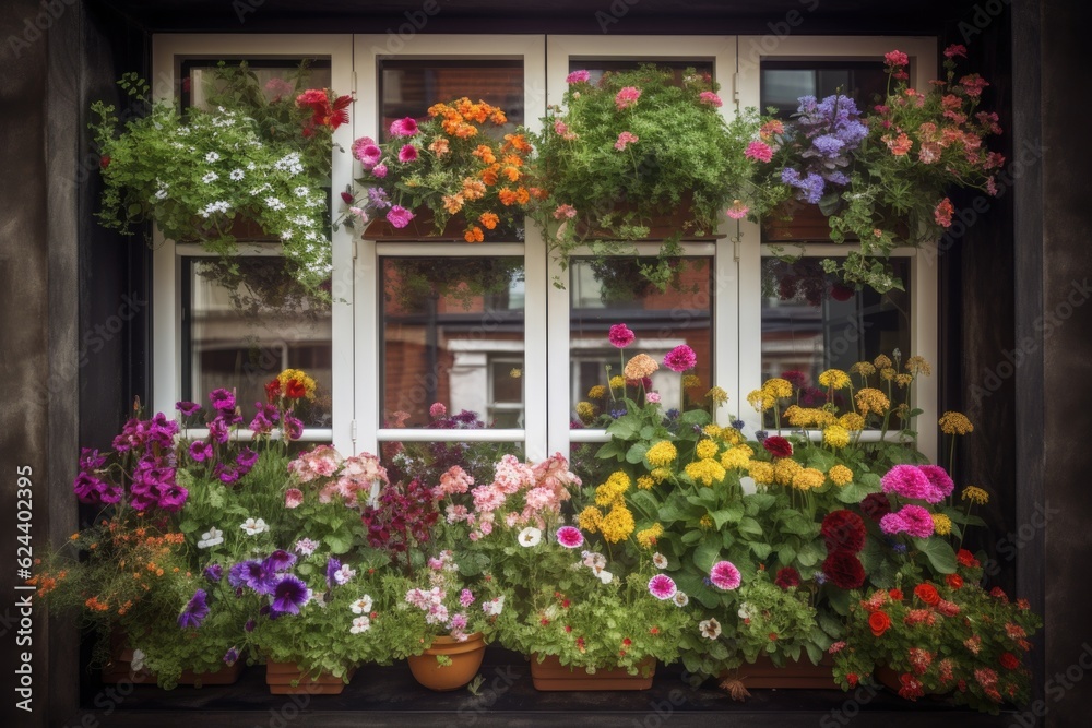 colorful window garden overflowing with blooms and greenery, created with generative ai